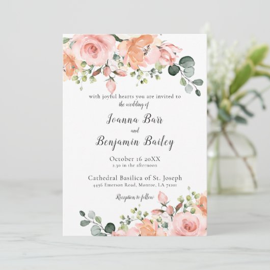 Pastel Blush Roos Floral Botanical Weddenschap Kaart (Staand voorkant)