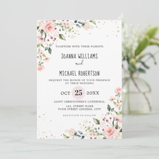 Pastel Blush Roos Floral Botanical Weddenschap Kaart (Staand voorkant)