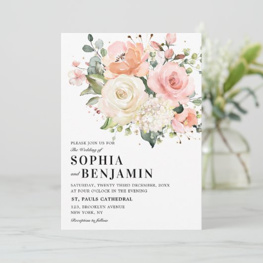 Pastel Blush Roos Floral Botanical Weddenschap Kaart (Staand voorkant)