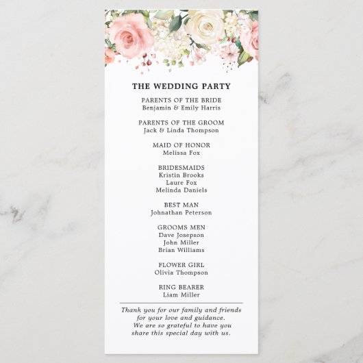 Pastel Blush Roos Floral Botanical Weddenschap Programmakaart (Achterkant)