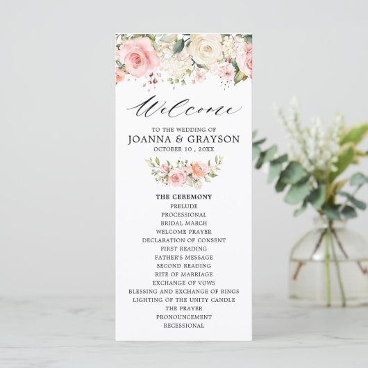 Pastel Blush Roos Floral Botanical Weddenschap Programmakaart (Staand voorkant)