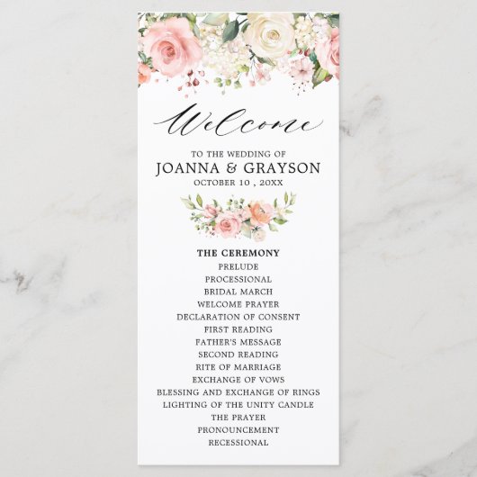 Pastel Blush Roos Floral Botanical Weddenschap Programmakaart (Voorkant)