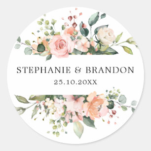 Pastel Blush Roos Floral Botanical Weddenschap Ronde Sticker