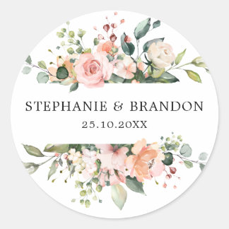 Pastel Blush Roos Floral Botanical Weddenschap Ronde Sticker