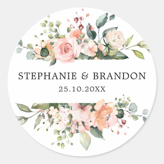 Pastel Blush Roos Floral Botanical Weddenschap Ronde Sticker (Voorkant)