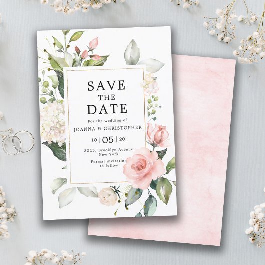Pastel Blush Roos Floral Botanical Weddenschap Save The Date