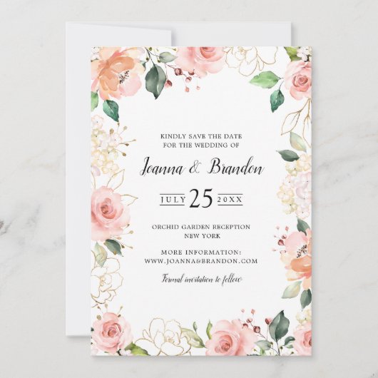 Pastel Blush Roos Floral Botanical Weddenschap Save The Date (Voorkant)
