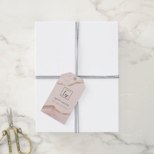 Pastel Blush Roos Gold Agate Marble Texture Logo Cadeaulabel (Met Touw)
