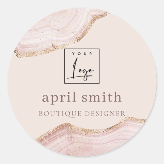 Pastel Blush Roos Gold Agate Marble Texture Logo Ronde Sticker (Voorkant)