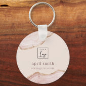Pastel Blush Roos Gold Agate Marble Texture Logo Sleutelhanger (Voorkant)