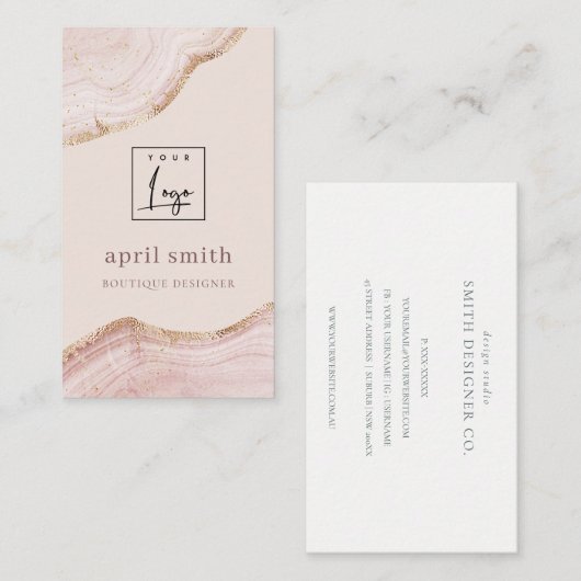Pastel Blush Roos Gold Agate Marble Texture Logo Visitekaartje (Voorkant / Achterkant)