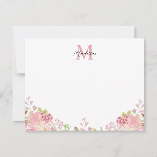 Pastel Blush Roze Bloemen Rozen Script Monogram Notitiekaartje (Voorkant)