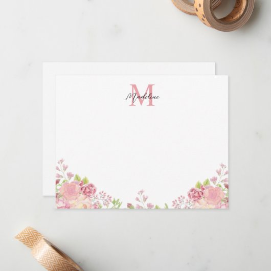 Pastel Blush Roze Bloemen Rozen Script Monogram Notitiekaartje (Voorkant / Achterkant in situ)