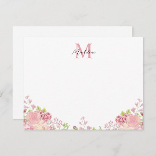 Pastel Blush Roze Bloemen Rozen Script Monogram Notitiekaartje (Voorkant / Achterkant)