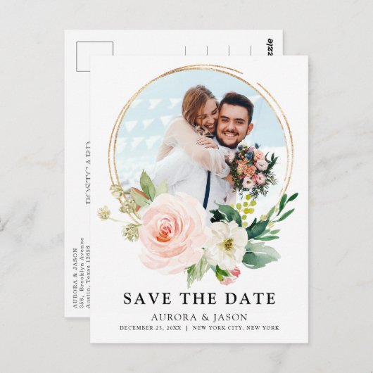 Pastel Blush  Roze botanisch sparen Datum P Briefkaart (Voorkant / Achterkant)