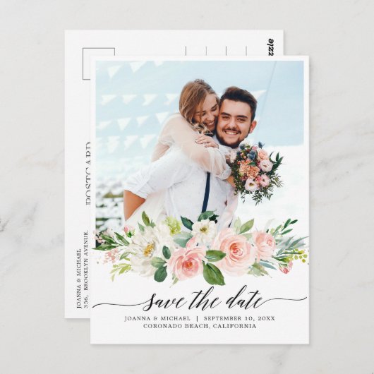 Pastel Blush Roze botanisch sparen op datum Briefkaart (Voorkant / Achterkant)