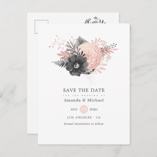 Pastel Blush roze en Charcoal Black Sla de datum o Aankondigingskaart (Voorkant / Achterkant)