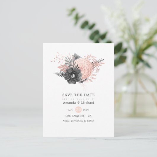 Pastel Blush roze en Charcoal Black Sla de datum o Aankondigingskaart (Staand voorkant)