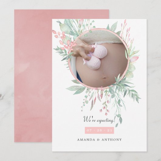 Pastel Blush Roze en Greenery Fotozwangerschap Aankondiging (Voorkant / Achterkant)