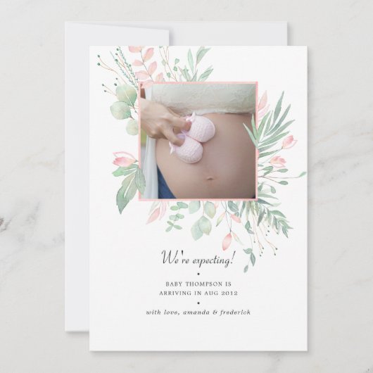 Pastel Blush Roze en Greenery Fotozwangerschap Aankondiging (Voorkant)