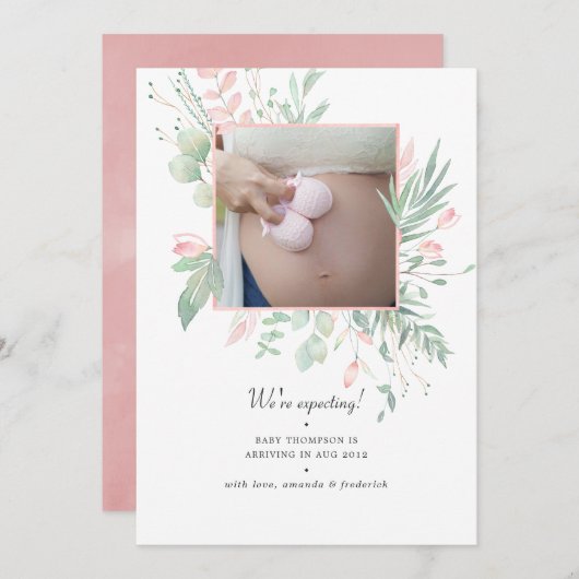 Pastel Blush Roze en Greenery Fotozwangerschap Aankondiging (Voorkant / Achterkant)