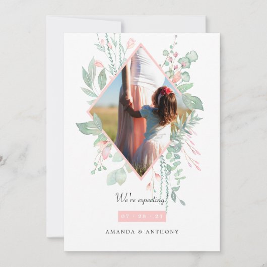 Pastel Blush Roze en Greenery Fotozwangerschap Aankondiging (Voorkant)