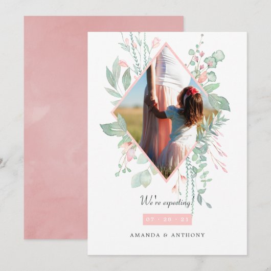 Pastel Blush Roze en Greenery Fotozwangerschap Aankondiging (Voorkant / Achterkant)