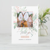 Pastel Blush Roze en groen Bruiloft Foto Bedankkaart (Staand voorkant)