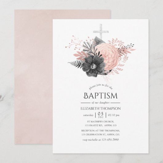 Pastel Blush Roze en houtskool Baptisme Kaart (Voorkant / Achterkant)