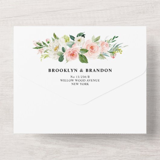 Pastel Blush Roze Floral Botanical Weddenschap All In One Uitnodiging (Achterkant)