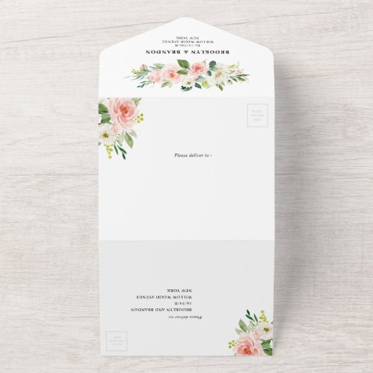 Pastel Blush  Roze Floral Botanical Weddenschap All In One Uitnodiging (Buitenkant)