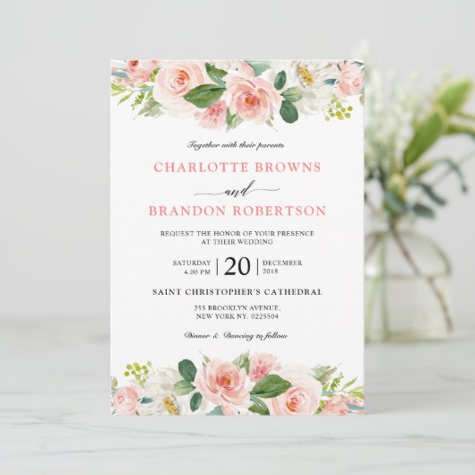 Pastel Blush  Roze Floral Botanical Weddenschap Kaart (Staand voorkant)