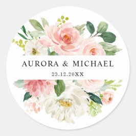 Pastel Blush  Roze Floral Botanical Weddenschap Ronde Sticker