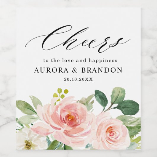 Pastel Blush  Roze Floral Botanical Weddenschap Wijn Etiket (Enkel label)