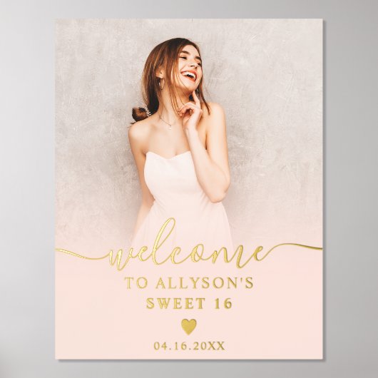 Pastel Blush roze ombre foto Sweet 16 welkom Folie Afdrukken (Voorkant)