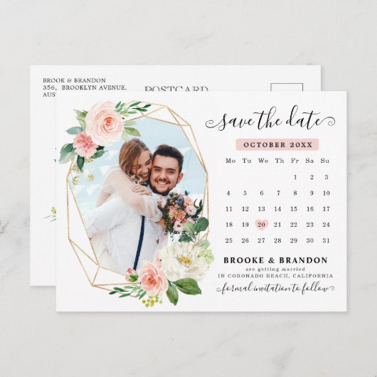 Pastel Blush Roze Photo Calendar Save the Date Briefkaart (Voorkant / Achterkant)