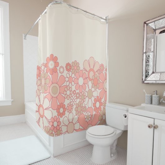 Pastel Blush Roze Schattige Retro  60s Flowers Douchegordijn (In situ)