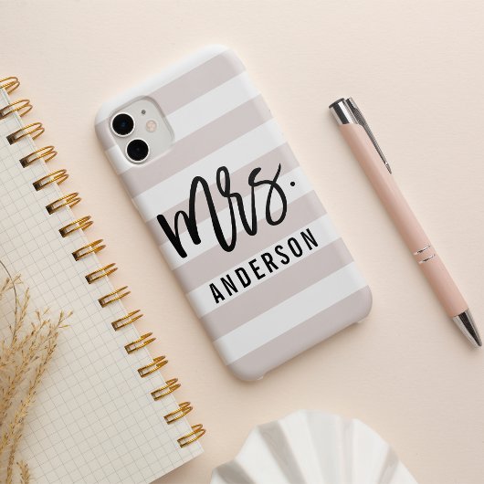 Pastel Blush Stripe New Mrs Last Name Bride iPhone Hoesje