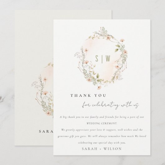 Pastel Blush Wildflower Floral Wreath Wedding Bedankkaart (Voorkant / Achterkant)