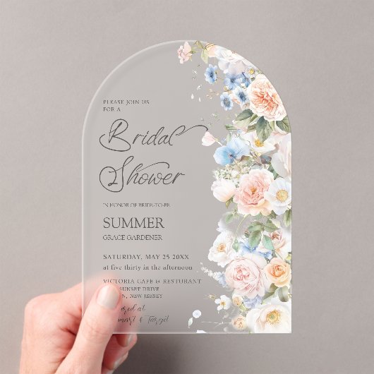 Pastel Blush Wit Blauw Floral Vrijgezellenfeest Ar Acryl Uitnodigingen (Insitu (Draagbaar))