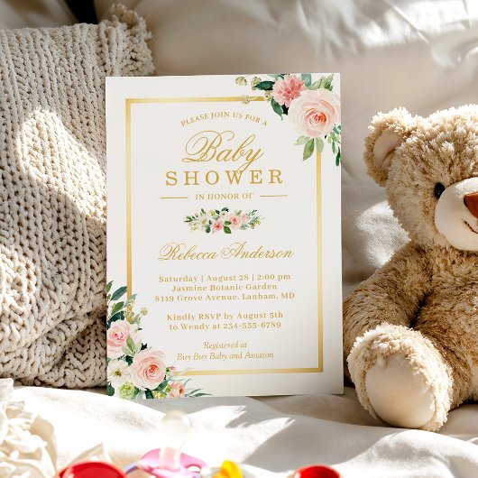 Pastel Blushing Pink Floral Gold Girl Baby shower Kaart