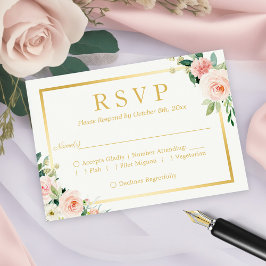 Pastel Blushing Pink Floral Gold Lijst RSVP Kaartje