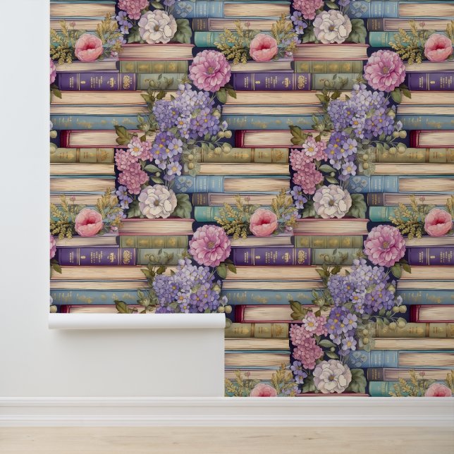 Pastel Boeken en Bloemen Patroon Verwijderbaar Behang (Applicatie)