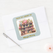 Pastel Boeken, Roze Bloemen, Plank Boekplaat Vierkante Sticker (Envelop)