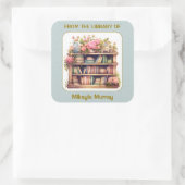 Pastel Boeken, Roze Bloemen, Plank Boekplaat Vierkante Sticker (Tas)