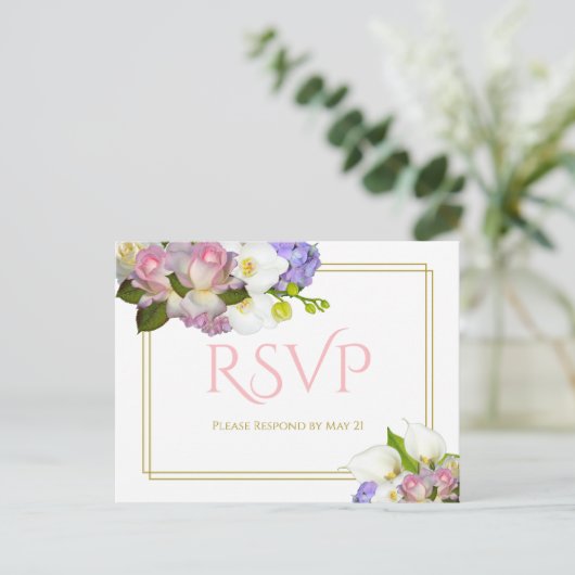 Pastel Boeket Lente Bloemen Bruiloft RSVP Briefkaart (Staand voorkant)