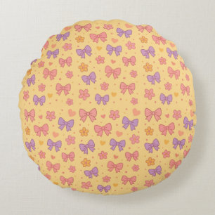 Pastel Bogen & Bloemen Patroon – Schattig Geel Mei Rond Kussen