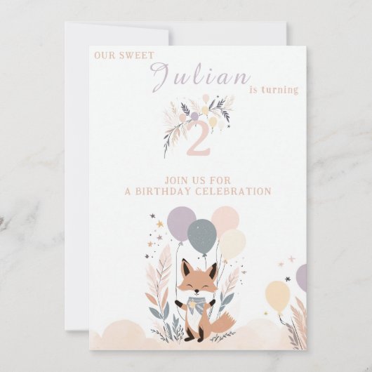 Pastel Boho Baby Fox en Ballonnen Verjaardag Kaart (Voorkant)