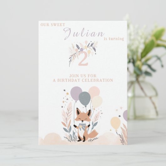 Pastel Boho Baby Fox en Ballonnen Verjaardag Kaart (Staand voorkant)