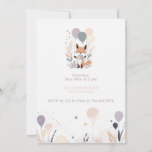 Pastel Boho Baby Fox en Ballonnen Verjaardag Kaart (Achterkant)
